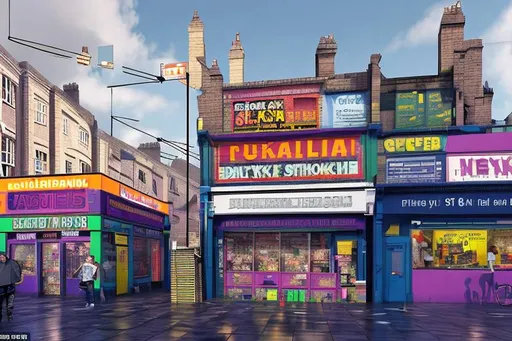 Prompt: colourful, detailed 3d concept art based on Peckham streets, London with chicken shops, bargain stores, signs and posters, bars, train track arches