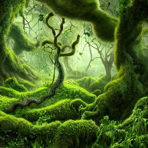 Prompt: Very high definition 
concept artwork illustration Garden of Eden overgrown green ivy mossy alley contrast shadows