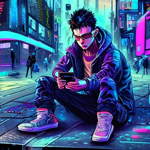 Prompt: Addict sitting on the ground and holding a mobile phone, realistic and detailed, cyberpunk, futuristic. Male. In the background a cyberpunk city full of colors. Realistic. 