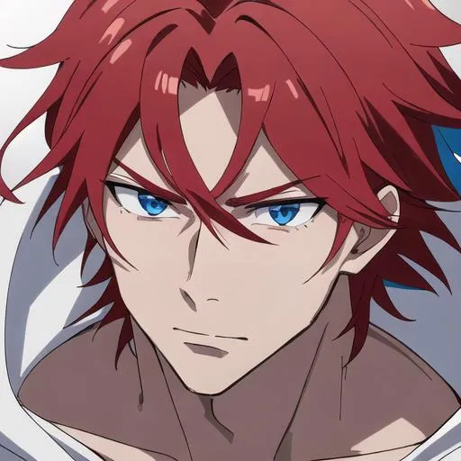 Prompt: Zerif 1male (Red side-swept hair falling between the eyes, sharp and sassy blue eyes), shirtless, highly detailed face, 8K, Insane detail, best quality, UHD, handsome, flirty, muscular, Highly detailed, insane detail, high quality. 