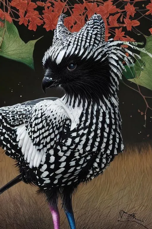 Prompt: A black and white colored chicken. Intricate details. spring garden background. Art by  Robert Bissell, ismail inceoglu, Victo Ngai, Sherry Akrami, Anna Dittman, Lucie Bilodeau, Laura Diehl, catrin welz-stein, Paul Delaroche. Iridescent colors. Shimmer. Highly detailed. Cinematic, polished finished. 3d.  