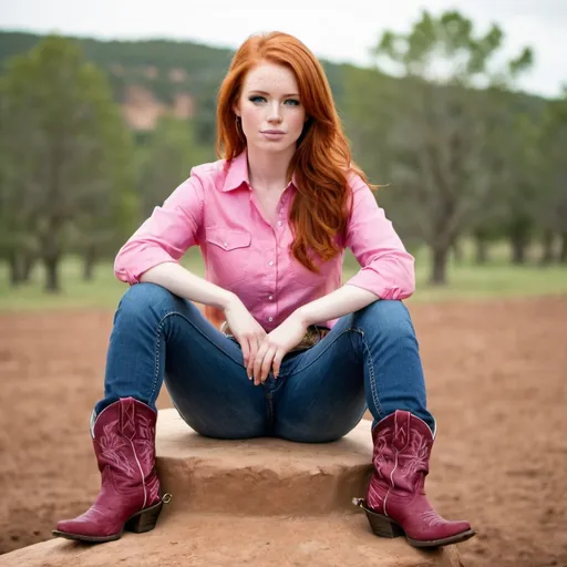 Prompt: A very beautiful red head sitting. She is wearing a pink shirt, blue jeans and cowboy boots. Her boots are pink too.