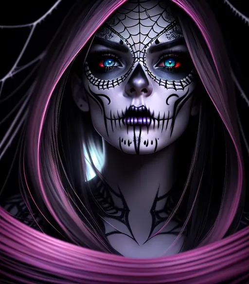 Prompt: Horror, twisted, scary, ominous, cinematic, 3D, HD, Beautiful!! {Sugarskull}Female, detailed gorgeous face, Beautiful big reflective eyes, long flowing hair, expansive spiderweb background, hyper realistic, 16K --s98500