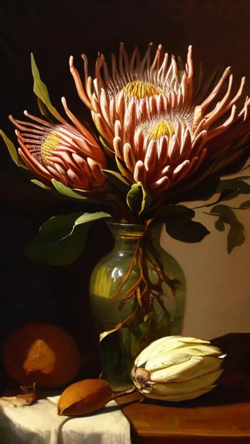 Prompt: A still life with a protea in a vase, done in the style of a loose oil painting, lit by sunlight with a fresh feel 