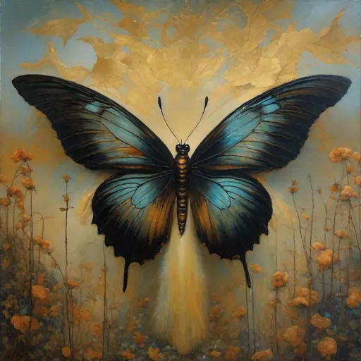 Prompt: HD, 8k, Detailed, unnerving, horror painting of a butterfly which is the angel of Death, inspired by the horror of Zdzisław Beksiński and the darkness of Johann Heinrich Füssli and the symbolism of Luis Ricardo Falero and the sensuousness of John William Waterhouse and sensuousness of Klimt and the crudeness of Caravaggio