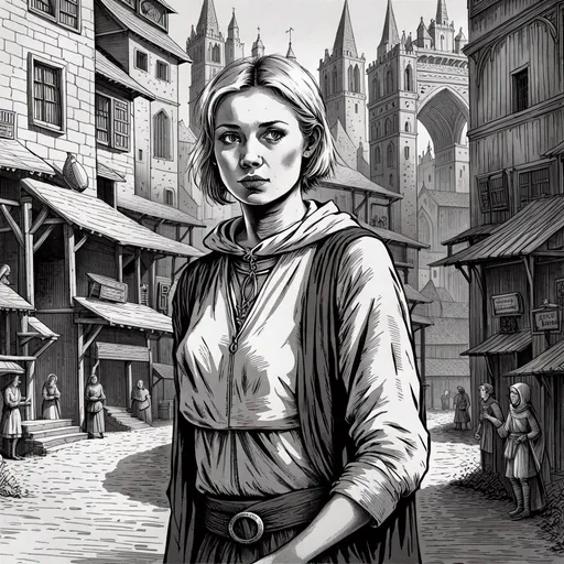 Prompt: black and white Engraving, Portrait, grim young female thief,  feeling enerved, fed up look, dark outworn medieval adventurer tunic, sweaty short hair, blonde hair, adventurer, medieval fantasy setting, symmetrical detailed face,   medieval  marketplace in the background, extremely detailed,