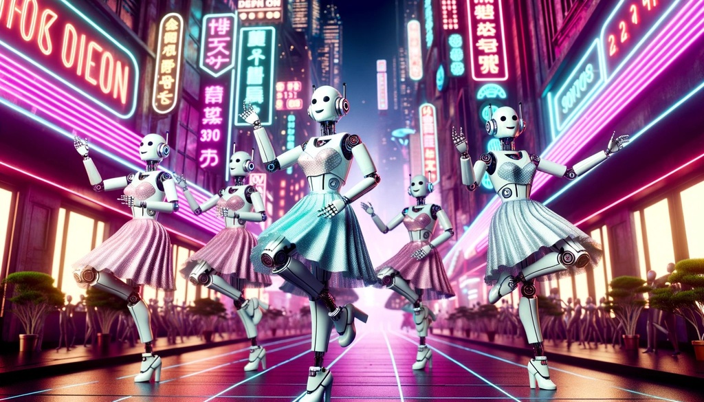 Prompt: wide image of female robots in electro swing dresses, celebrating and dancing amidst a high-tech city with retro neon signs