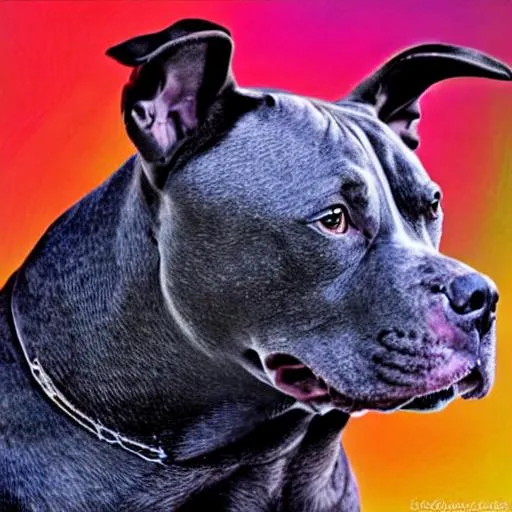 Prompt: Create an AI-generated piece of art that captures the unique beauty and strength of pit bulls. Use a dataset of pit bull images to generate a visually striking and emotionally compelling image. The art should convey the loyalty, courage, and playfulness of this often misunderstood breed, while also showcasing their powerful physiques and distinctive features. Consider using bold colors and dynamic shapes to create a visually striking image that captures the essence of these amazing dogs.
