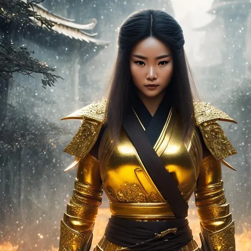 Prompt: create best quality photograph of beautiful female ninja who is wearing all golden ninja style robes, hig quality epic background, detailed face, extremely detailed environment, extremely detailed background, extremely detailed skin, extremely detailed clothing, natural colors , professionally color graded, photorealism, 8k, realistic, moody lighting, galactic environment, volumetric lighting