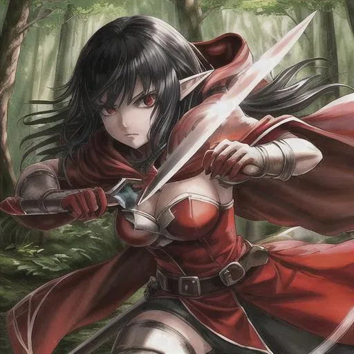 Prompt: Red Riding Hood, sharpening a sword, in the middle of a forest, DND style drawing, teenager, black hair, elf, waifu