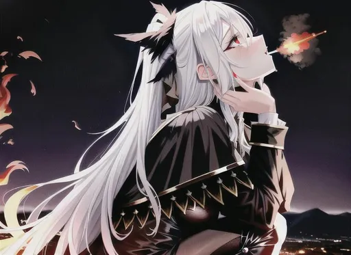 Prompt: Dark Fantasy, Black winged Woman crying on her knees and looking up to the sky, War around her, White hair, Fire everywhere, far away, remote view, 8k, ultra quality, hyperdetailed, 