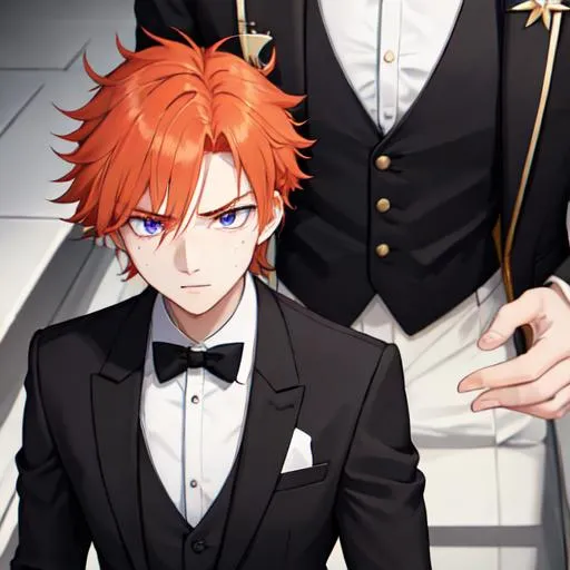 Prompt: Erikku 1male (short fluffy ginger hair, freckles, right eye blue, left eye purple) wearing a black suit at a wedding, angry