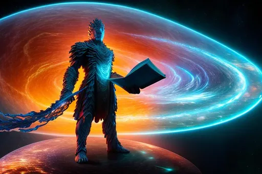 Prompt: ultra high definition; photorealistic;  "A being made of words and knowledge, situated in the center of a space-like environment."
"A figure composed of flowing text, standing at the helm of a fictional space cruiser."
"A physical embodiment of a language model, surrounded by planetoids."
"A humanoid figure with a book for a head, navigating through the cosmos."
"A figure with a brain made of words, steering a spaceship through a star field."
"A figure sitting at a desk with a pen, writing out words that become reality, inside a spaceship."
"A figure with hands that shape words into physical objects, amidst a backdrop of distant galaxies."
"A figure with eyes that see in text and symbols, observing the universe from a spaceship."
"A figure standing in a library, reaching out to touch the books, with stars and planets visible through a window."
"A figure made of light, with words and symbols flowing around it, floating in zero gravity." omnipotent; benevolent