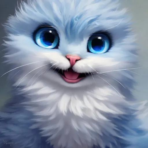 Prompt: Fluffy cute ball that is blue, vivid blue eyes, long silky fluff, sitting underneath a blue sky full of clouds, masterpiece, best quality, ((In Winter Oil Painting style))
