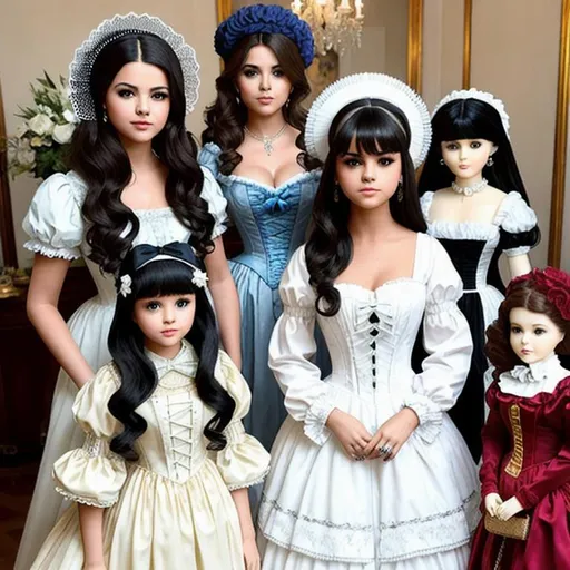 Prompt: Selena Gomez being turned into a porcelain doll wearing victorian dress & bonnet, surrounded by other porcelain dolls.