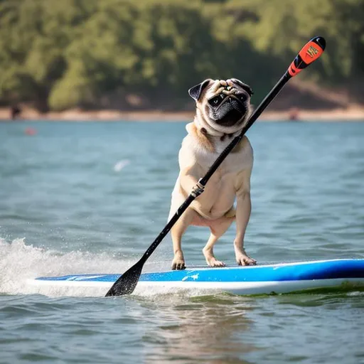 Prompt: Pug is riding a stand up paddle board