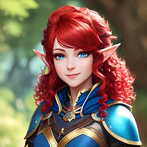 Prompt: D&D fantasy, Blue-skinned-human girl, Blue-skinned-female, slender, oil painting, elf ears, beautiful, short bright red hair, curly hair, smiling, pointed ears, looking at the viewer, Ranger wearing intricate adventurer outfit, #3238, UHD, hd , 8k eyes, detailed face, big anime dreamy eyes, 8k eyes, intricate details, insanely detailed, masterpiece, cinematic lighting, 8k, complementary colors, golden ratio, octane render, volumetric lighting, unreal 5, artwork, concept art, cover, top model, light on hair colorful glamourous hyperdetailed medieval city background, intricate hyperdetailed breathtaking colorful glamorous scenic view landscape, ultra-fine details, hyper-focused, deep colors, dramatic lighting, ambient lighting god rays, flowers, garden | by sakimi chan, artgerm, wlop, pixiv, tumblr, instagram, deviantart