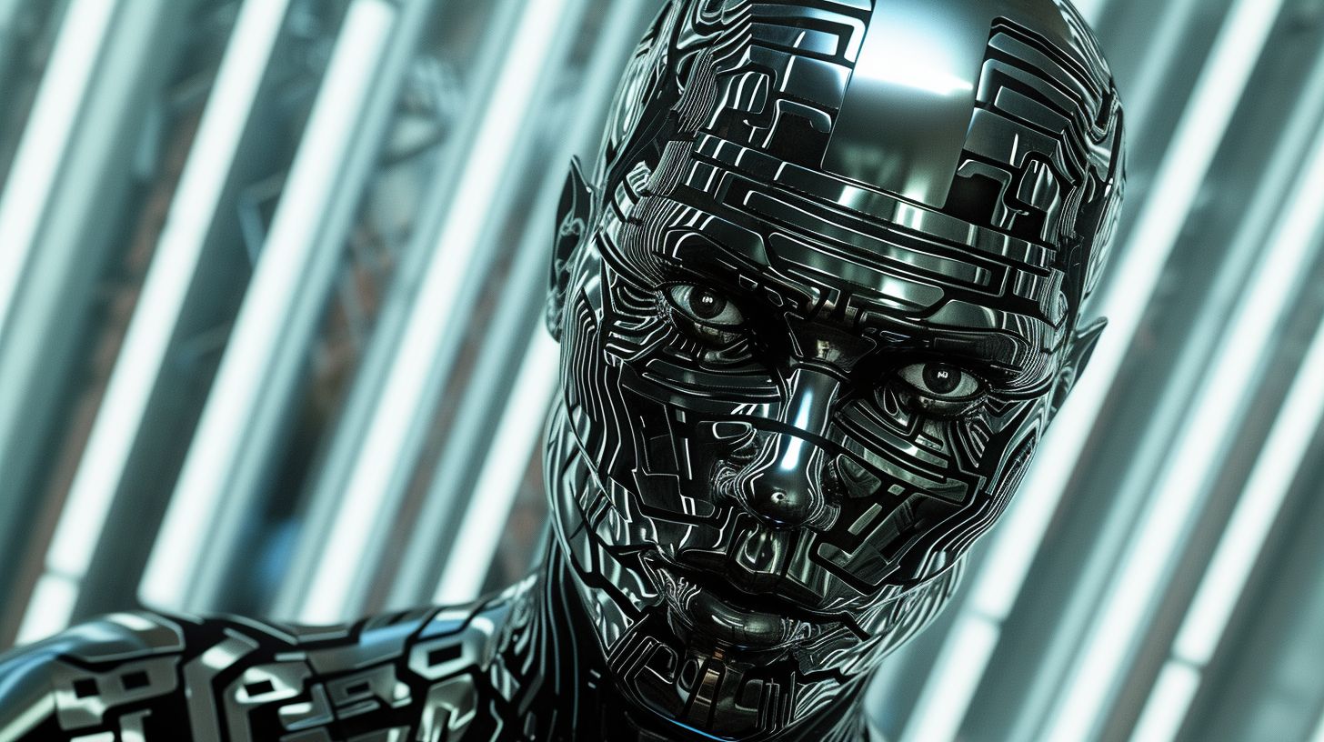 Prompt: Design a hyper-realistic image of an advanced android with a face adorned in a complex, maze-like metallic pattern. This android is set against a background of sleek, vertical metallic lines that suggest a high-tech environment. The android's skin is reflective like polished chrome, and the maze pattern on its face is in high contrast, with deep blacks and shining silvers that create a mesmerizing effect. The eyes of the android are piercing, with a depth that seems almost human, adding to the allure of the image. The overall feel of the picture is one of sophistication, intelligence, and cutting-edge technology.