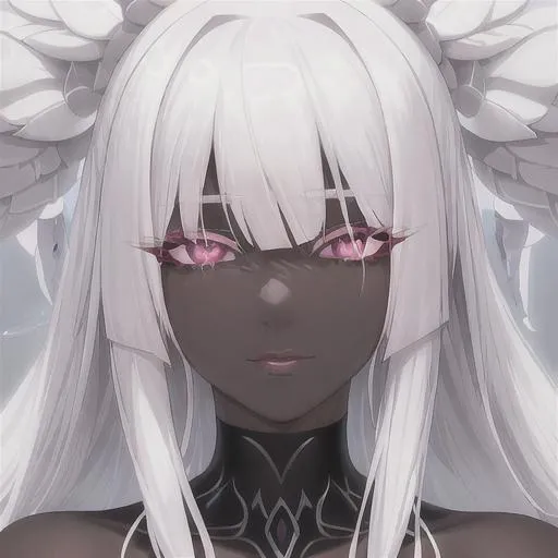 Prompt: "A close-up photo of a gorgeous milf with pure white haired woman, sharp eyes, glowing pink eyes, in hyperrealistic detail, with a slight hint of loneliness in her eyes. Black skin. Her face is the center of attention, with a sense of allure and mystery that draws the viewer in, but her eyes are also slightly downcast, as if a sense of loneliness is lingering in her thoughts. The detailing of her face is stunning, with every pore, freckle, and line rendered in vivid detail, but the image also captures the subtle emotions of loneliness that might lie beneath her surface."