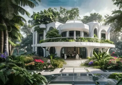 Prompt: White futuristic mansion in military style with lot of plants and one blonde woman with long dress realistic oil paint 