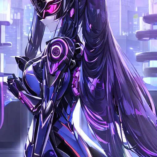 Prompt: "A portrait of a masked female figure, standing in front of a futuristic and high-tech environment, with her back turned to the camera. The figure is wearing a high-tech suit that incorporates advanced technology and futuristic design elements. The detailing of the suit, including the intricate body armor, the complex power source, and the various sensors and gauges, is rendered in vivid detail. The environment is high-tech and futuristic, with a sense of opulence and sophistication. The lighting is dramatic and moody, highlighting the figure's strength and technological prowess. The composition is stunning and engaging, capturing the female figure's beauty, technology, and power in stunning detail." cyberpunk style