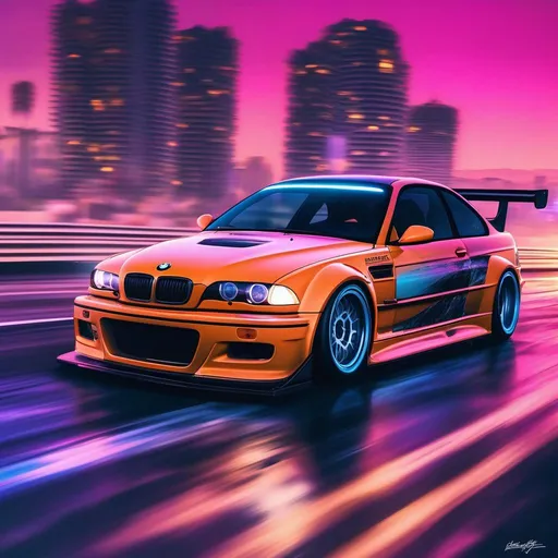 Prompt: 2001 BMW M3 E46 GTR, synthwave, aesthetic cyberpunk, miami, highway, dusk, neon lights, coastal highway, dusk, neon lights, coastal highway, sunset, drift, nurburgring, very detailed