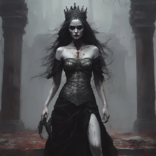 Prompt: Queen of the undead, the keeper of the gates, protector of the souls.. bound and shackeled, lost and broken



