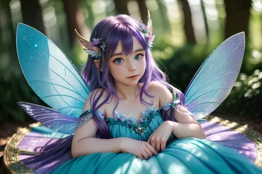 Prompt: full bode portrait of {fairy} with {teal and purple} hair and with cute face, {fairy forest bokeh}, perfect composition, fairy wings on back, hyperrealistic, super detailed, 8k, high quality, trending art, trending on artstation, sharp focus, studio photo, intricate details, highly detailed, by ilya kuvshinov, laying down in a meadow of flowers