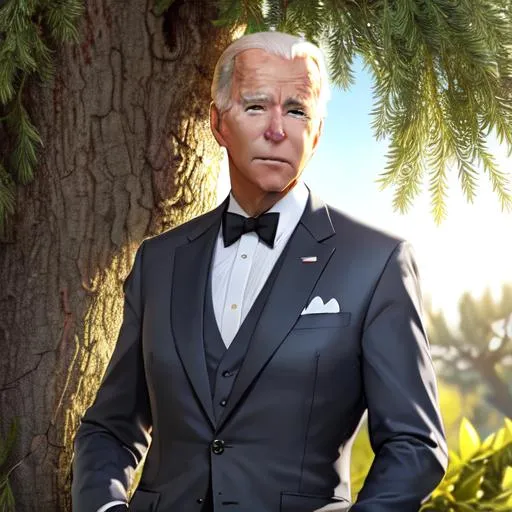 Prompt: Realistic photo of handsome Joe  Biden  looking down with love in his eyes above you with a divine presence. Beautiful action scene art. he is wearing a grey suit with a green corset waistcoat, light from a ray of sunlight that is distorted by the leaves of an olive tree. he is under a fir tree, UHD, hd , 8k, , Very detailed, panned out view of character, zoomed out view of whole character,  perfect composition, hyperrealistic, super detailed, 8k, high quality, sharp focus, intricate details, highly detailed, dynamic lighting, detailed and intricate environment, highest quality, ethereal, luminous, glowing, dark contrast, celestial, trails of light, soft light, backlit, vaporwave