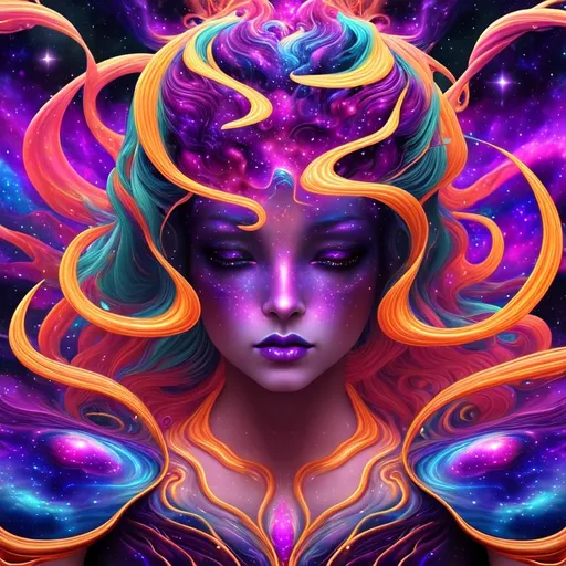 Prompt: Cosmic Epic Beautiful Nebula (Beautiful melancholy {goddess}female liquid satin}), hyper realistic,  expansive psychedelic background, hyper realistic, 8K --s99500