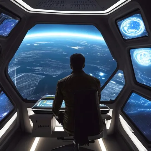 Prompt: A man staring down from the window of a spaceship,  looking at the earth in the distance,  high quality,  UHQ, high quality background