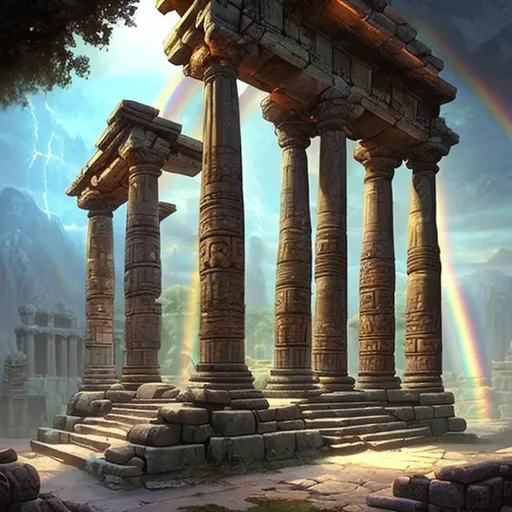 Prompt: ancient temple with pillars, rainbows lights, style of Tyler Edlin