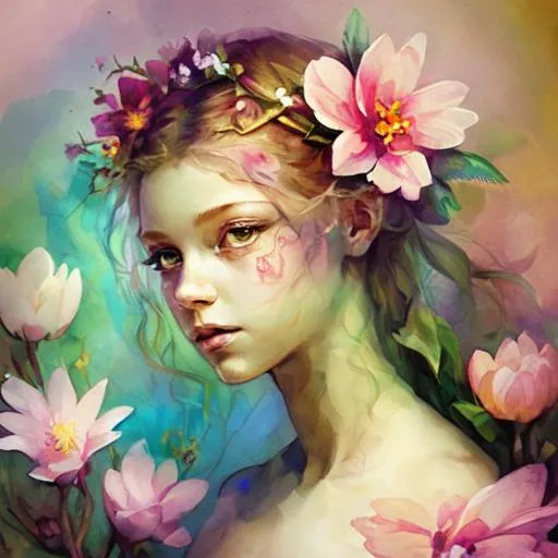Spring fairy goddess, flowers in her hair,closeup | OpenArt