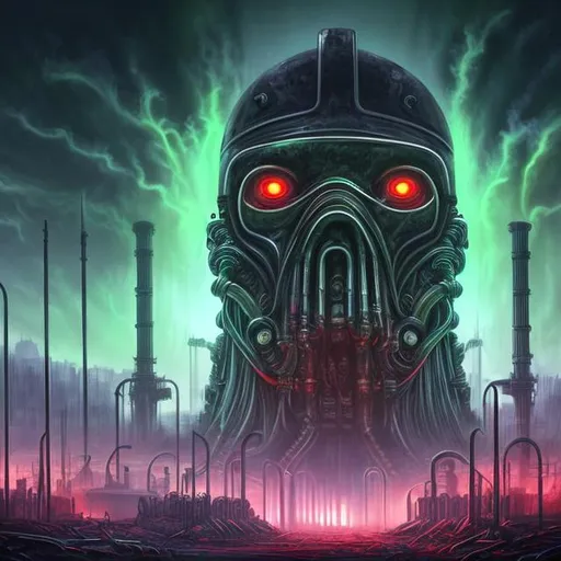 Prompt: Fantasy art style, painting, metal, chrome, Evil, dictatorship, green neon lights, neon lights, green lights, futuristic, power plant, nuclear power, biological mechanical, dystopian, war machine, pipes, tupes, nuclear weapons, weapons, monolith, eyes, teeth, brutalist, fog, smog