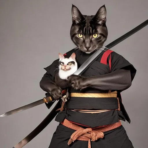 Prompt:  A cat holding a katana with samurai armor 