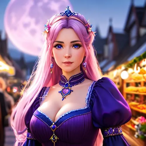 Prompt: a beautiful young celtic woman wearing a purple and blue dress at a fairytale fairytale market, vivid pink eyes, symmetrical features, moon in background, dawn + 8k + UHD + photorealistic + HDR + High octane render + Unreal engine 5 + cinematic + highly detailed + ray tracing