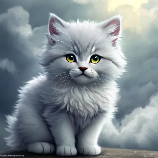 Prompt: Cute, very, very, light gray, fluffy, fantasy light kitten, with cloudy, white eyes, very, light, light, gray fur, and possessing the element of air and making circles of clouds and air move around in the air in a magical way, in a space background. Perfect features, extremely detailed, realistic. Krenz Cushart + loish +gaston bussiere +craig mullins, j. c. leyendecker +Artgerm.