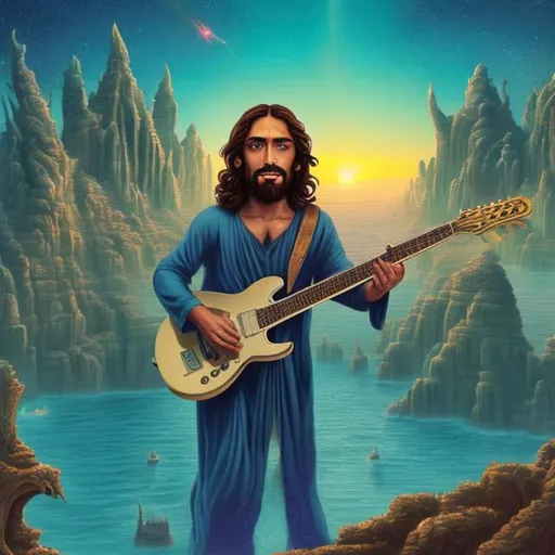 Prompt: wide view of jesus playing guitar with the twelve apostles playing guitars, at an exotic rooftop infinity pool, infinity vanishing point, cthulhu nebula background