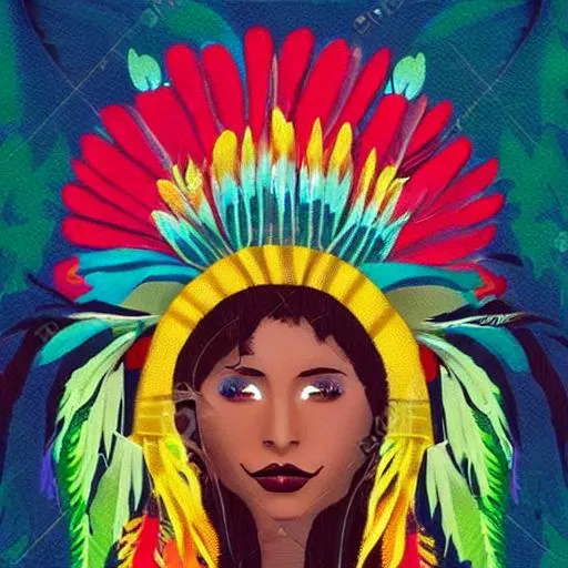 Prompt: Native Female Woman sprouting from mother earth with head dress-Romantic Abstract Retro Style art.
