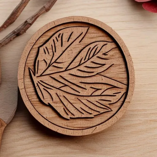 Prompt: highly-detailed circular wooden stamp with a handle, with a leaf design and its print on paper
