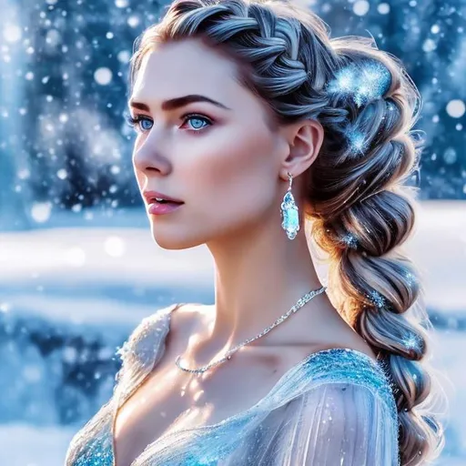 Prompt: professional modeling photo live action human woman hd hyper realistic beautiful norwegian  woman white braided hair fair skin blue eyes beautiful face sheer icy blue dress with sparkles silver sparkling jewelry and crown enchanting ice castle hd background with live action snow