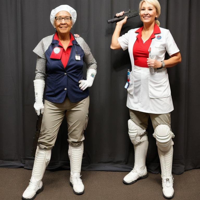 geriatric nurse with guns and armor