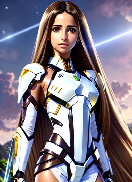 Prompt: full body semi-realistic anime girl, Naomi Scott, skin highlights, hair highlights, long brown hair, holding magic sword, wearing white exo suit, blushing, tribal village background, adult researcher, glamour, tan skin
wonderful face, very detailed face, extremely detailed face, highly detailed face, soft smile, happy,
perfect face, perfect eyes, perfect teeth, perfect body, perfect anatomy, beautiful body, trending on instagram, trending on tiktok, trending on artstation, trending on cgsociety, white sclera,
photorealistic, masterpiece, cinematic, 16k artistic photography, epic, drama, 
romance, glamour, beauty, 
cinematic lighting, dramatic lighting, insanely detailed, soft natural volumetric cinematic lighting, award-winning photography, rendering, hd, high definition, 
highly detailed