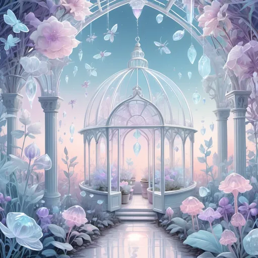 Prompt: White fairytale fantasy crystal greenhouse, bioluminescent pastel flowers, fireflies, pastels color pallet, soft color, white, soft pink, baby blue, lavender, illustration, intricately detailed, hyperdetailed