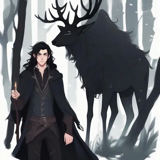 Prompt: dnd a cute male half-elf warlock with long messy black hair wearing a long black coat with black deer in the dark forest cute