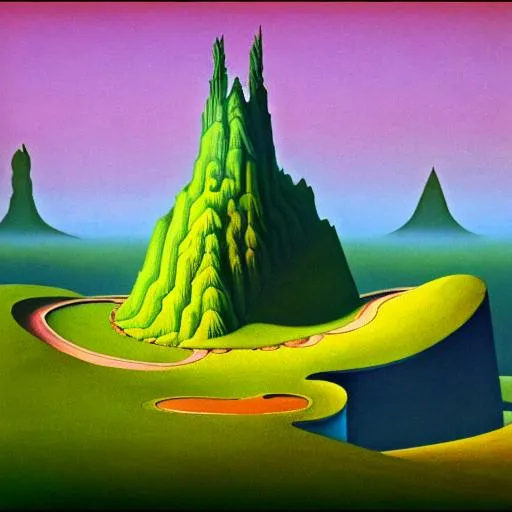 Prompt: Roger Dean style mountain 