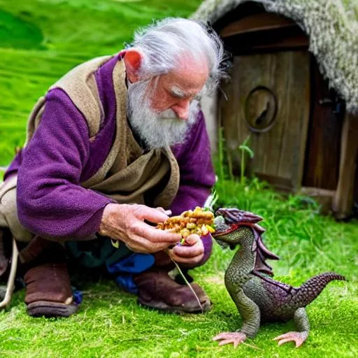 Prompt: An elderly Hobbit farmer that's feeding his small newt-like dragon some food. black and purple newt, beardless hobbit, no beard,