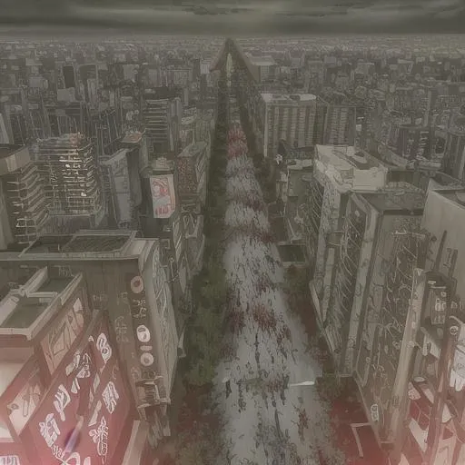 Prompt: anime, Japanese, zombie apocalypse running towards you, you running away, side angle, vibrant colors, anime, Japanese, zombie apocalypse, wallpaper, trippy sky, city, POV, First person on ground, hoard of zombies running 

   

  
  