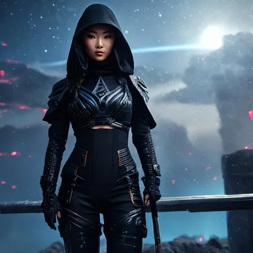 Prompt: create photograph of beautiful female ninja who is wearing bright black futuristic ninja robes,  night time and beautiful sky  space and planets an nebulae in sky highly detailed, detailed face, extremely detailed environment, extremely detailed background, extremely detailed skin, extremely detailed clothing, natural colors , professionally color graded, photorealism, 8k, realistic, moody lighting, galactic environment, volumetric lighting