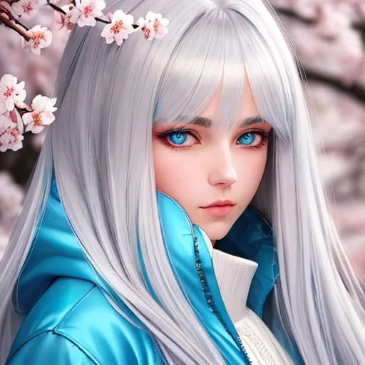 Prompt: portrait, 20 years old, long white hair with grey highlights, symmetrically colored hair, light blue eyes, light blue jacket with fur hood, cherry blossom, parted bangs, perfect composition, hyperrealistic, dim light, vibrant atmosphere, royal vibe, vibrant colors, super detailed, 64k, high quality, Splash art, front, epic Instagram, artstation, hyperdetailed intricately detailed, unreal engine, intricate detail, splash screen, complementary colors, concept art, 64k, heavy strokes, splash arts, full height, full body, Big Eyes, Architecture, amazing depth, Incredibly detailed, artgerm, highest quality stylized character concept masterpiece, award winning digital 3d oil painting art, hyper-realistic, detailed and intricate background, intricate, 64k, UHD, HDR, image of a gorgeous, beautiful, dirty, highly detailed face, hyper-realistic facial features, perfect anatomy in perfect composition of professional, long shot, sharp focus photography, cinematic 3d volumetric